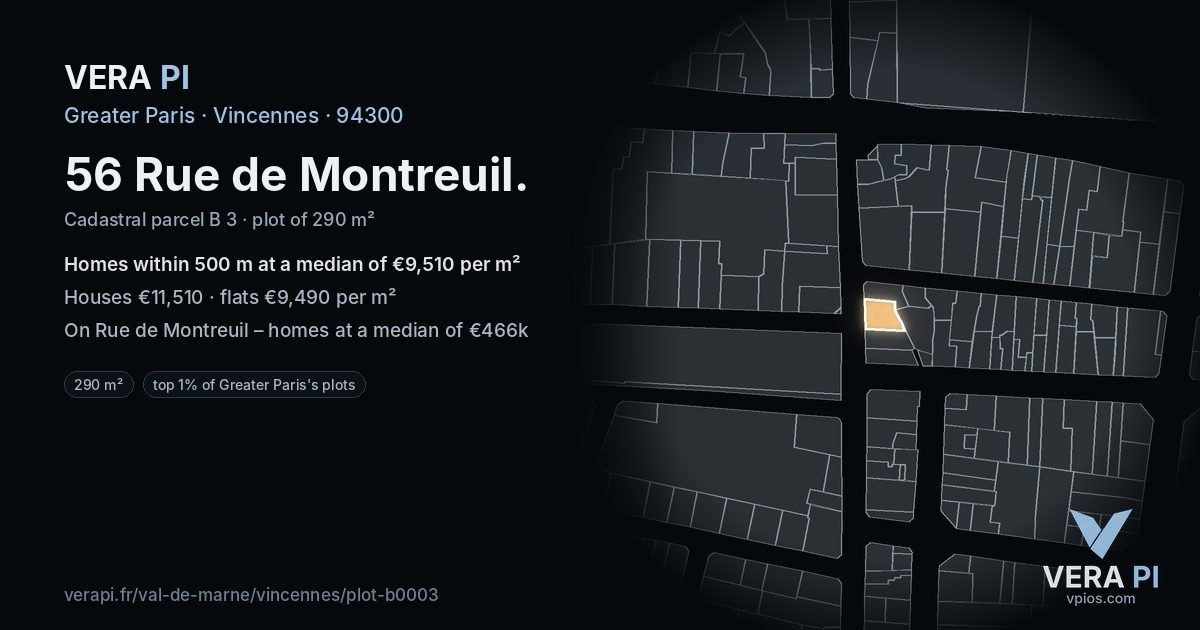 56 Rue de Montreuil, Vincennes at night – the plot lit, the parcels around coloured by the prices near them
