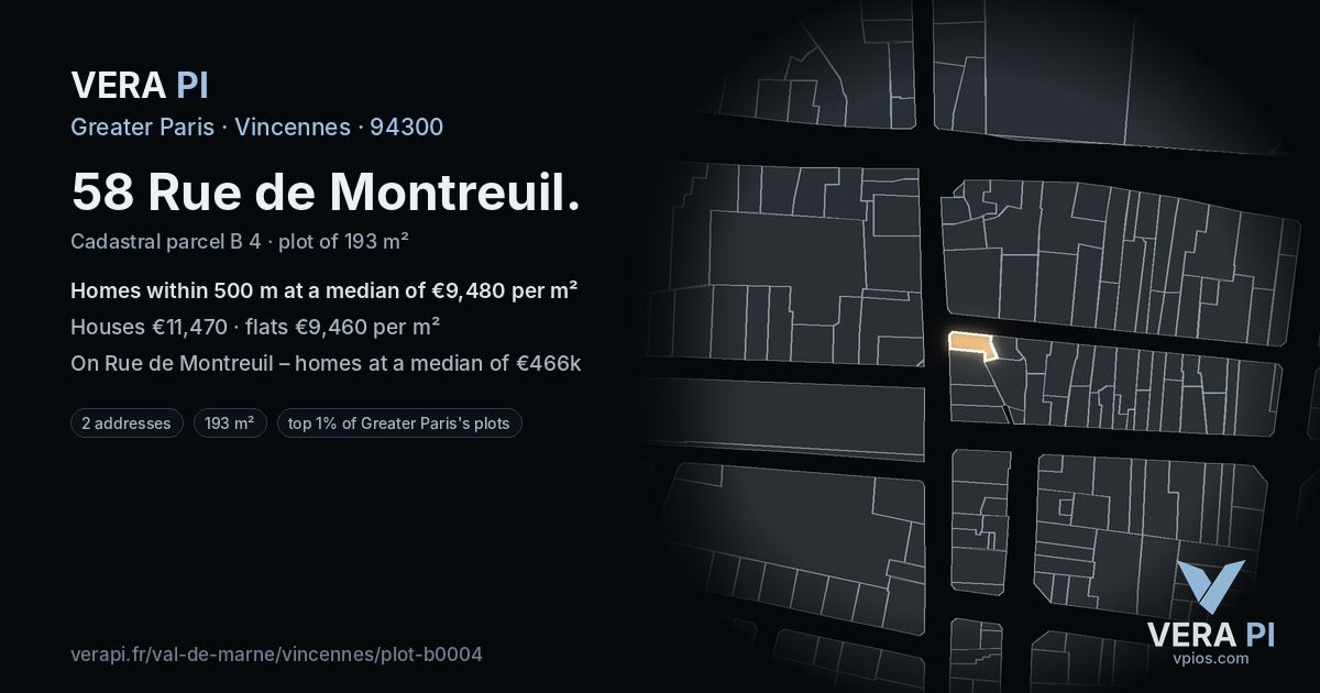 58 Rue de Montreuil, Vincennes at night – the plot lit, the parcels around coloured by the prices near them