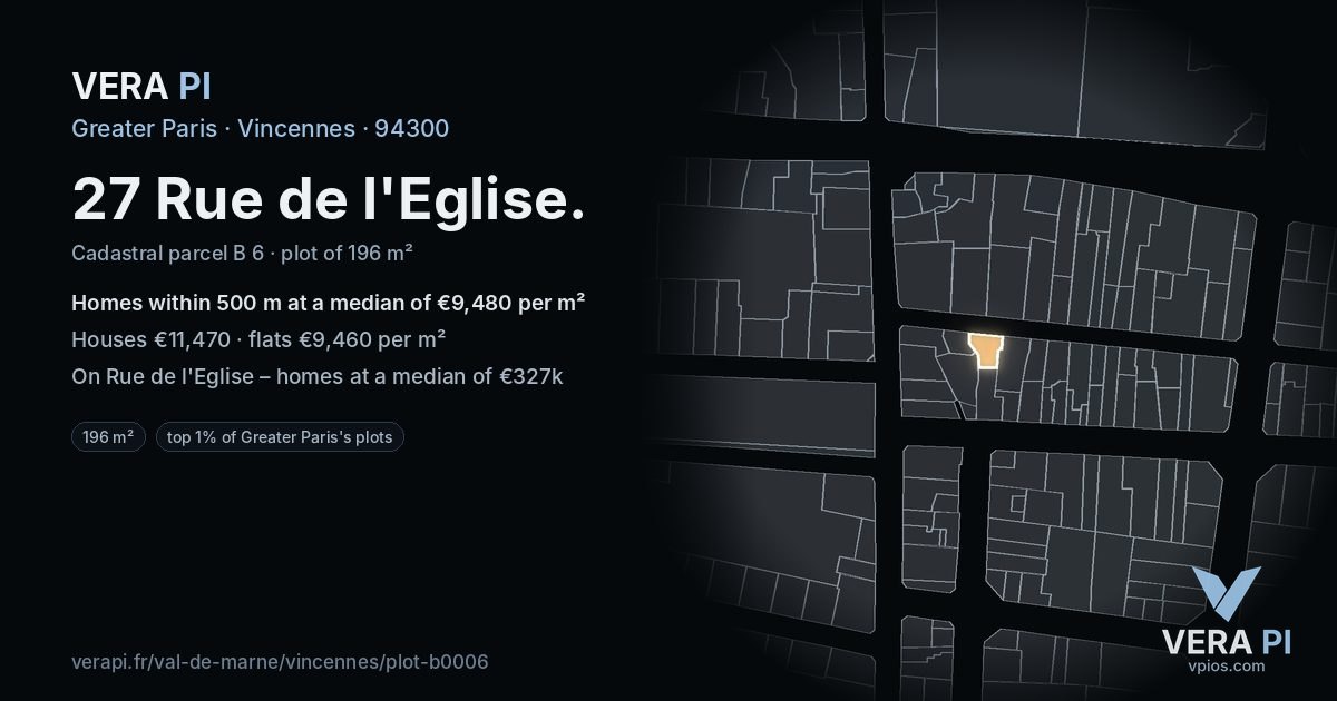 27 Rue de l'Eglise, Vincennes at night – the plot lit, the parcels around coloured by the prices near them