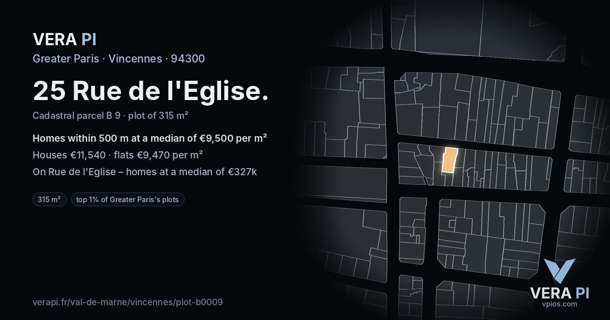 25 Rue de l'Eglise, Vincennes at night – the plot lit, the parcels around coloured by the prices near them