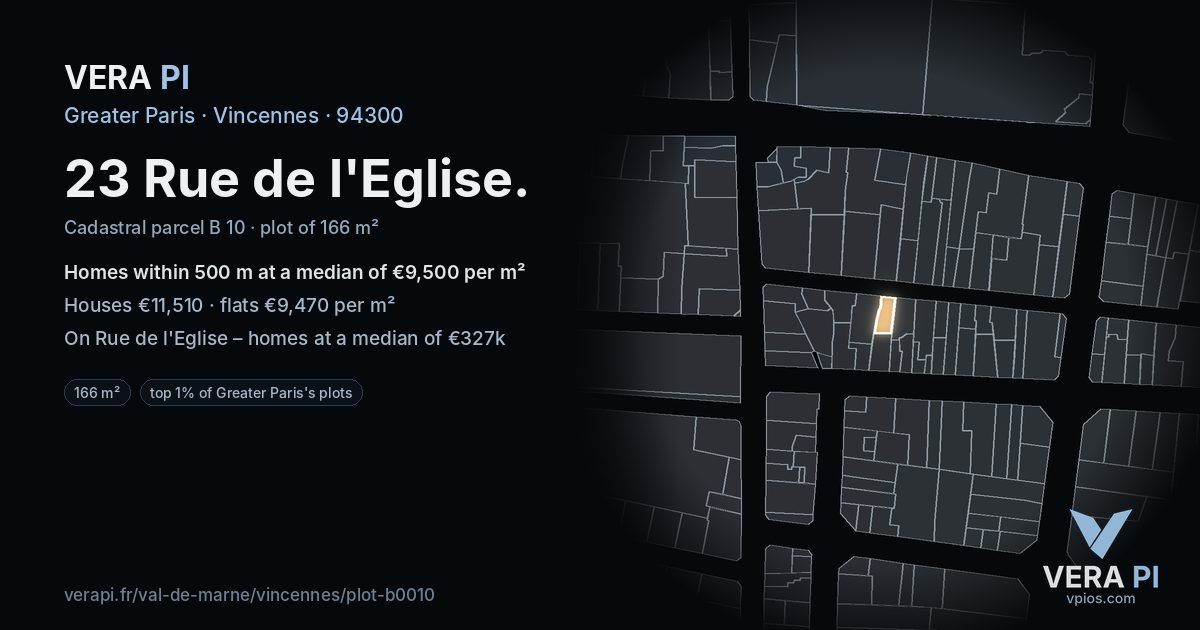 23 Rue de l'Eglise, Vincennes at night – the plot lit, the parcels around coloured by the prices near them