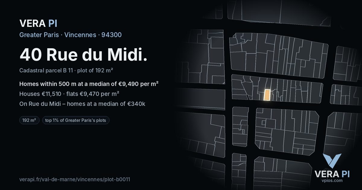 40 Rue du Midi, Vincennes at night – the plot lit, the parcels around coloured by the prices near them