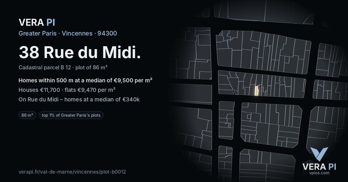 38 Rue du Midi, Vincennes at night – the plot lit, the parcels around coloured by the prices near them
