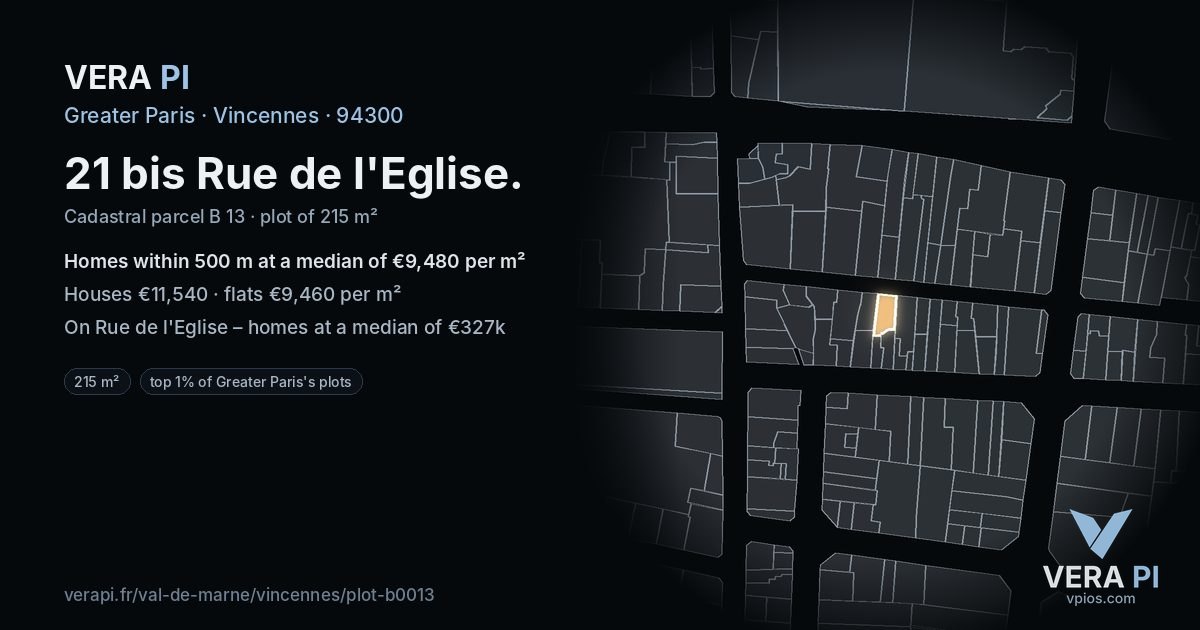 21 bis Rue de l'Eglise, Vincennes at night – the plot lit, the parcels around coloured by the prices near them