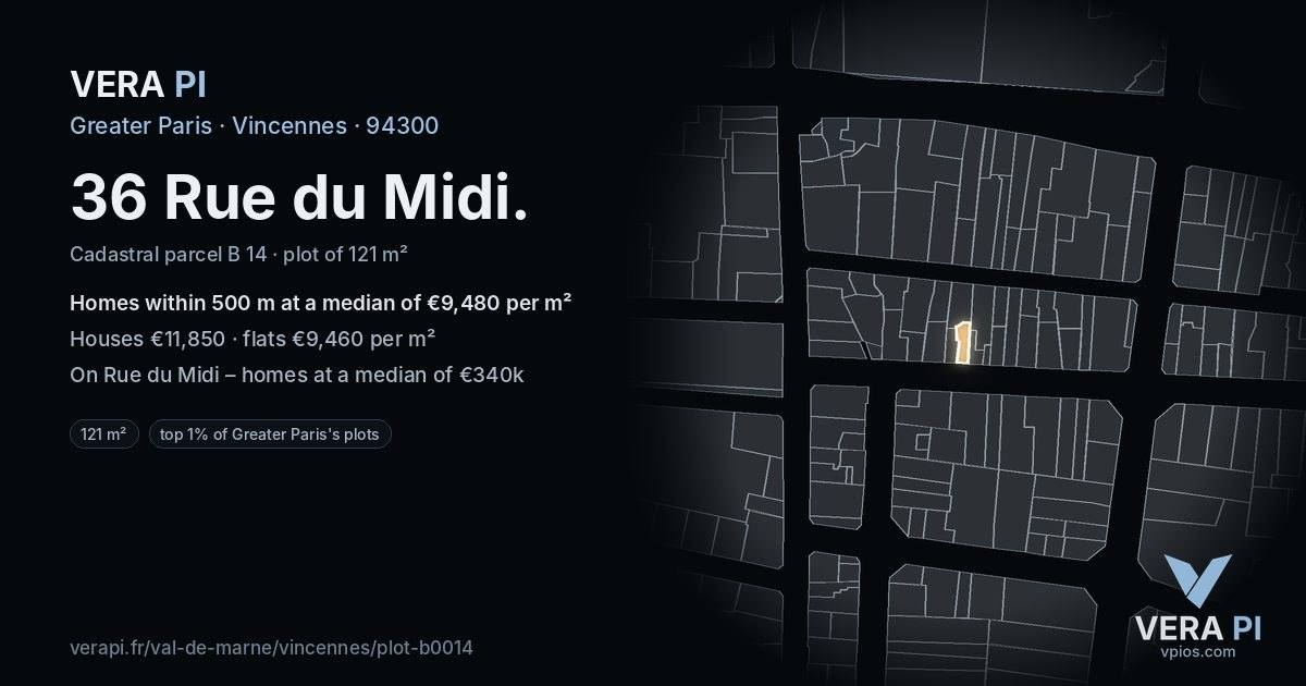 36 Rue du Midi, Vincennes at night – the plot lit, the parcels around coloured by the prices near them