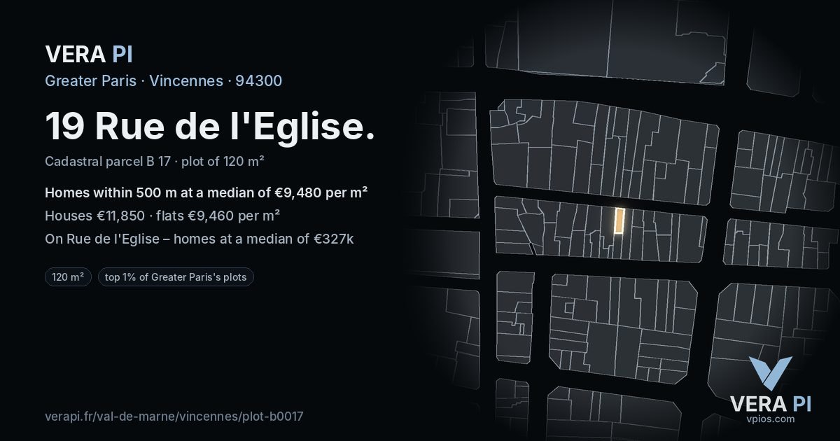 19 Rue de l'Eglise, Vincennes at night – the plot lit, the parcels around coloured by the prices near them
