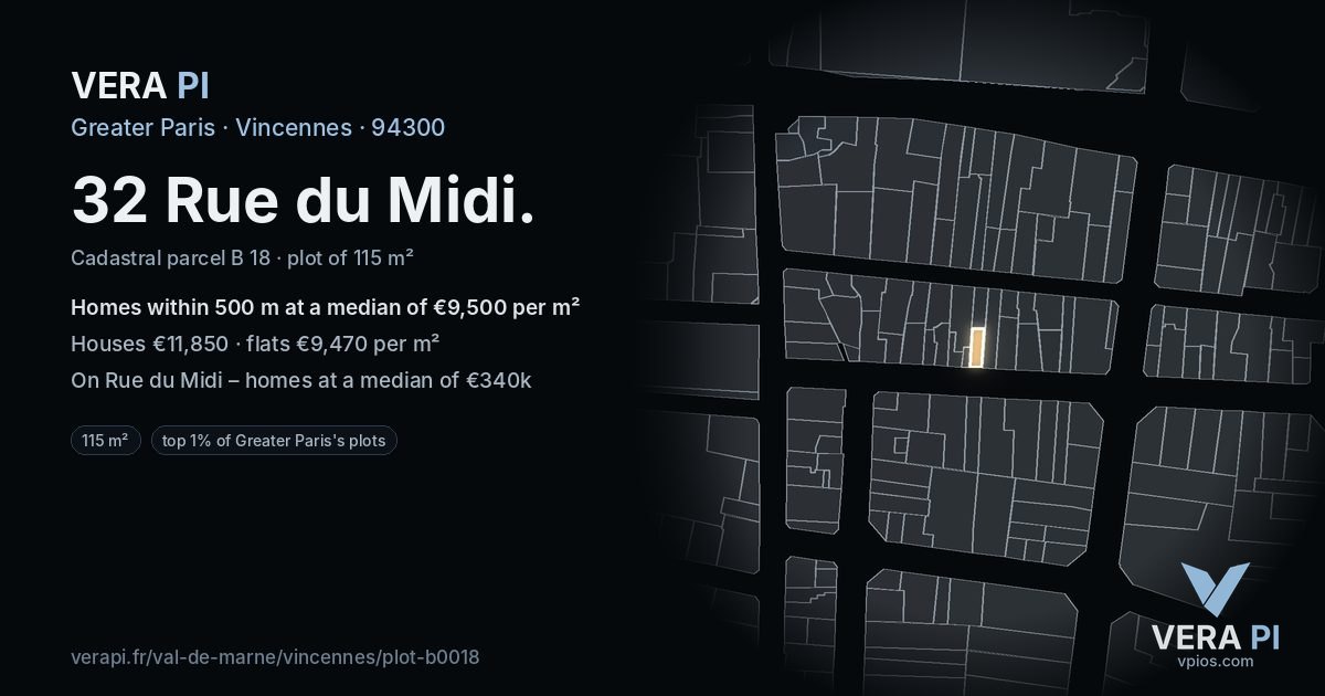 32 Rue du Midi, Vincennes at night – the plot lit, the parcels around coloured by the prices near them