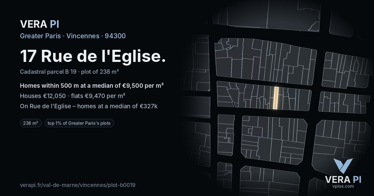 17 Rue de l'Eglise, Vincennes at night – the plot lit, the parcels around coloured by the prices near them
