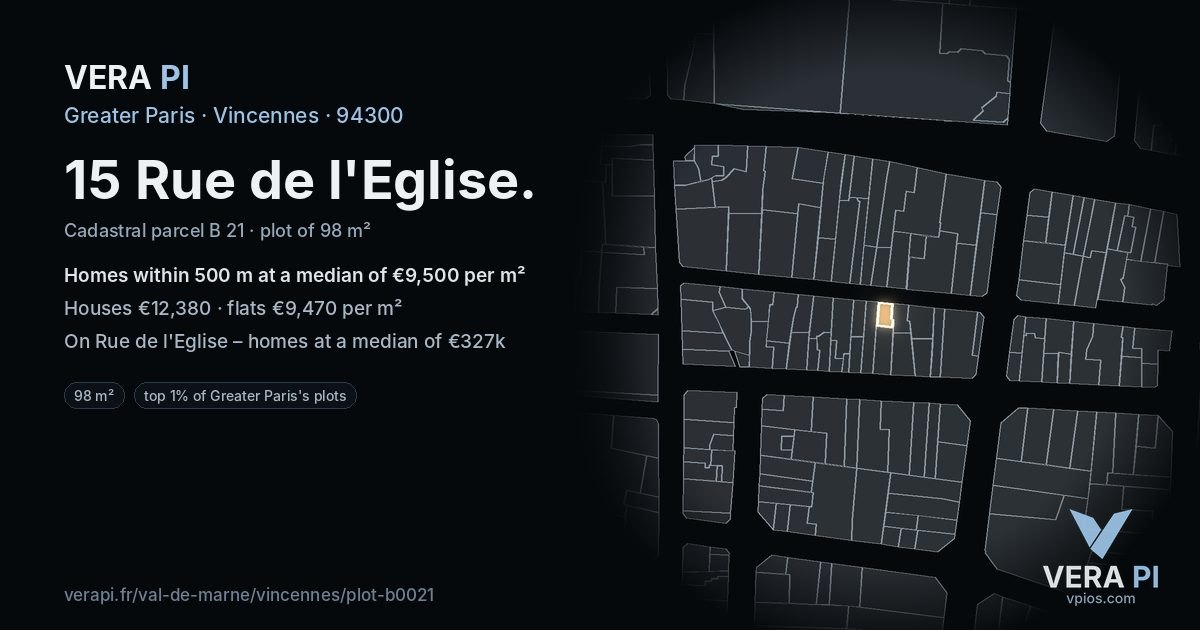 15 Rue de l'Eglise, Vincennes at night – the plot lit, the parcels around coloured by the prices near them