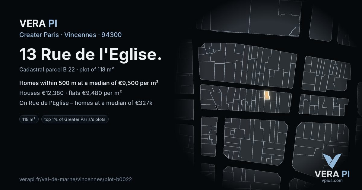 13 Rue de l'Eglise, Vincennes at night – the plot lit, the parcels around coloured by the prices near them