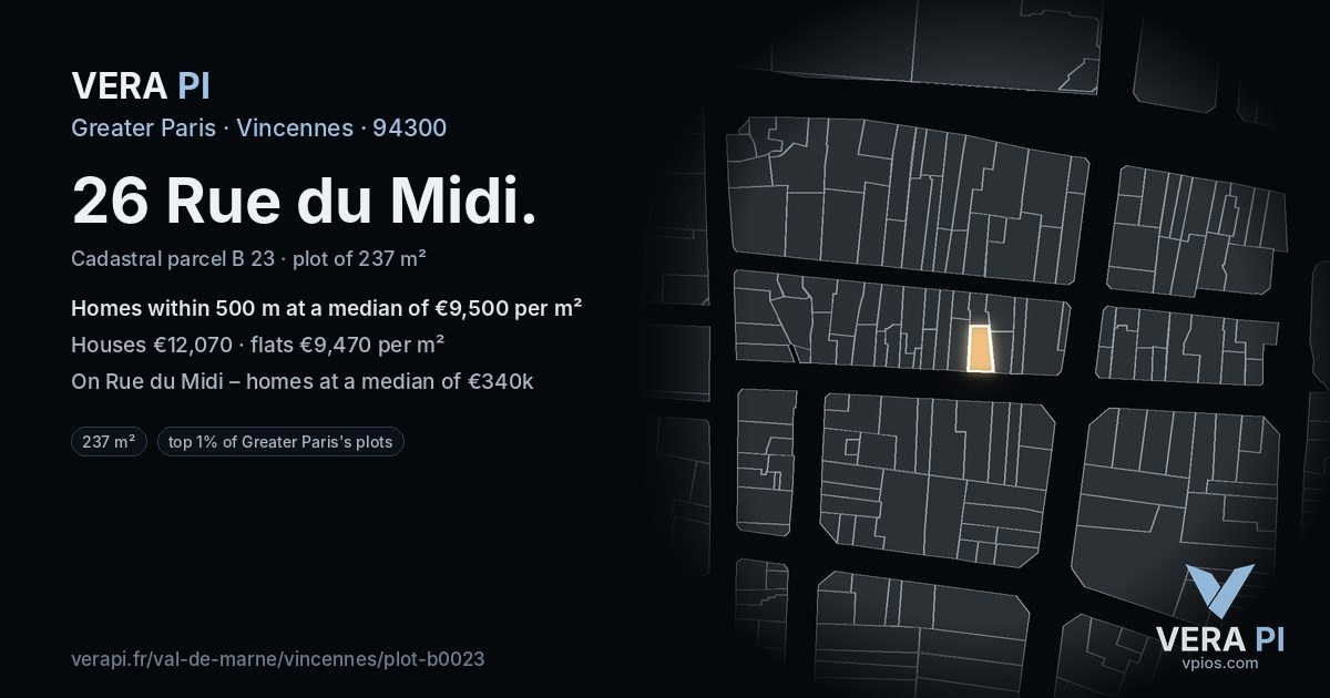 26 Rue du Midi, Vincennes at night – the plot lit, the parcels around coloured by the prices near them