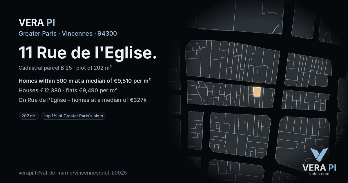 11 Rue de l'Eglise, Vincennes at night – the plot lit, the parcels around coloured by the prices near them