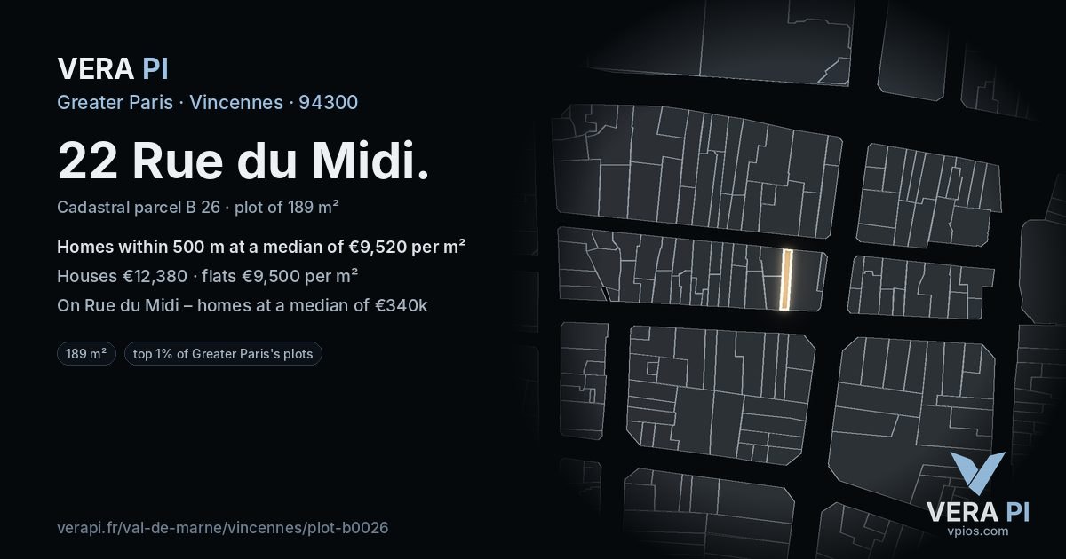22 Rue du Midi, Vincennes at night – the plot lit, the parcels around coloured by the prices near them