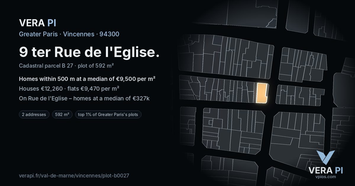 9 ter Rue de l'Eglise, Vincennes at night – the plot lit, the parcels around coloured by the prices near them