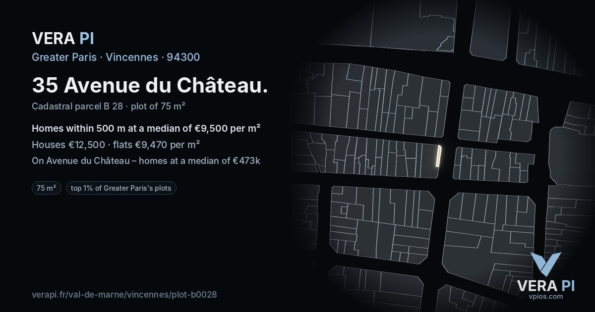 35 Avenue du Château, Vincennes at night – the plot lit, the parcels around coloured by the prices near them