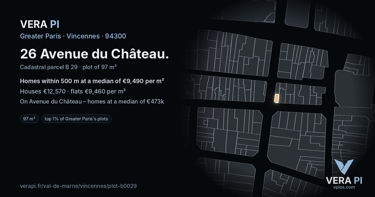 26 Avenue du Château, Vincennes at night – the plot lit, the parcels around coloured by the prices near them