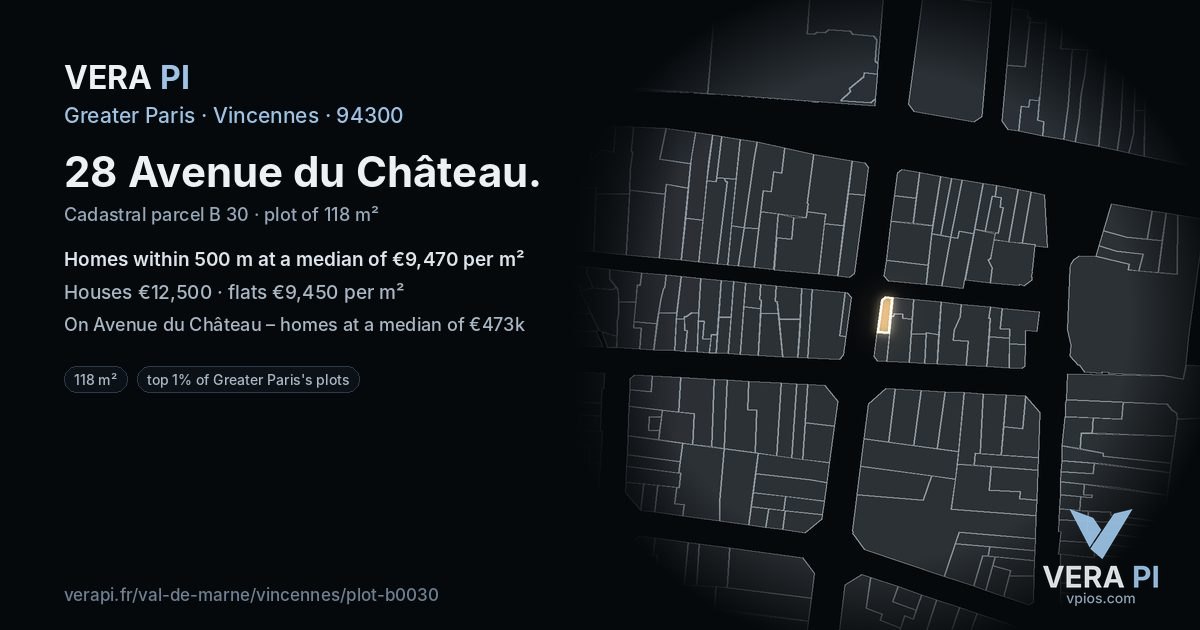 28 Avenue du Château, Vincennes at night – the plot lit, the parcels around coloured by the prices near them