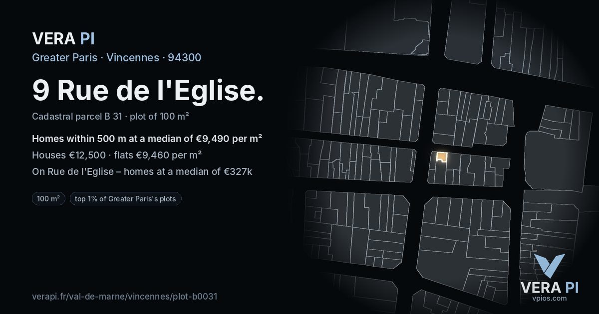 9 Rue de l'Eglise, Vincennes at night – the plot lit, the parcels around coloured by the prices near them