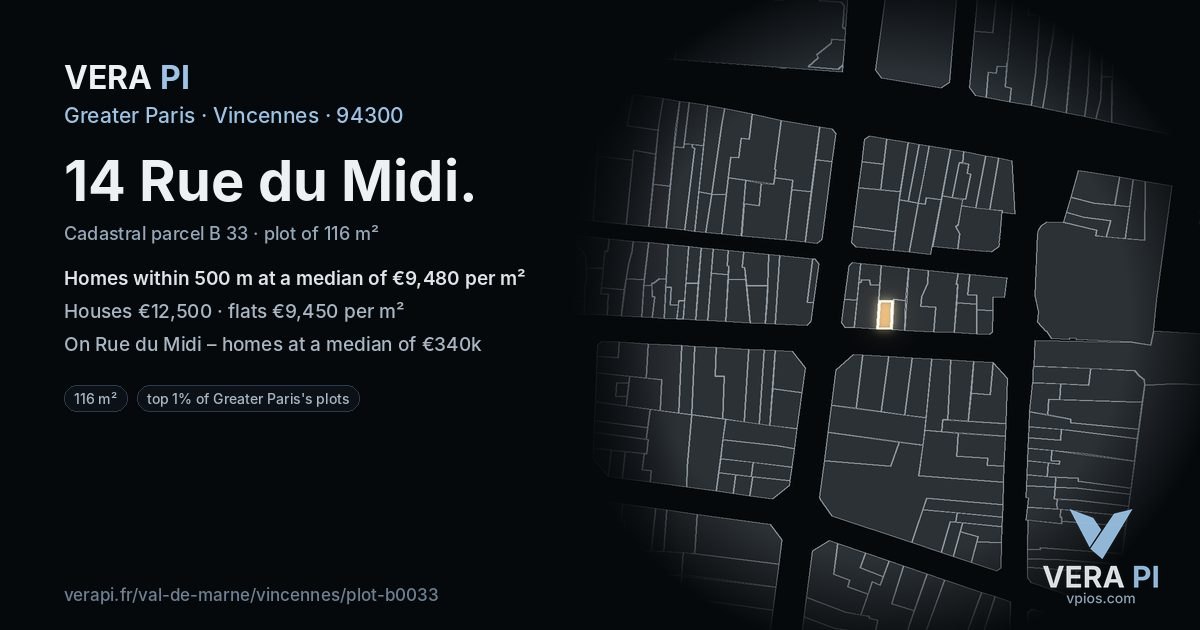 14 Rue du Midi, Vincennes at night – the plot lit, the parcels around coloured by the prices near them