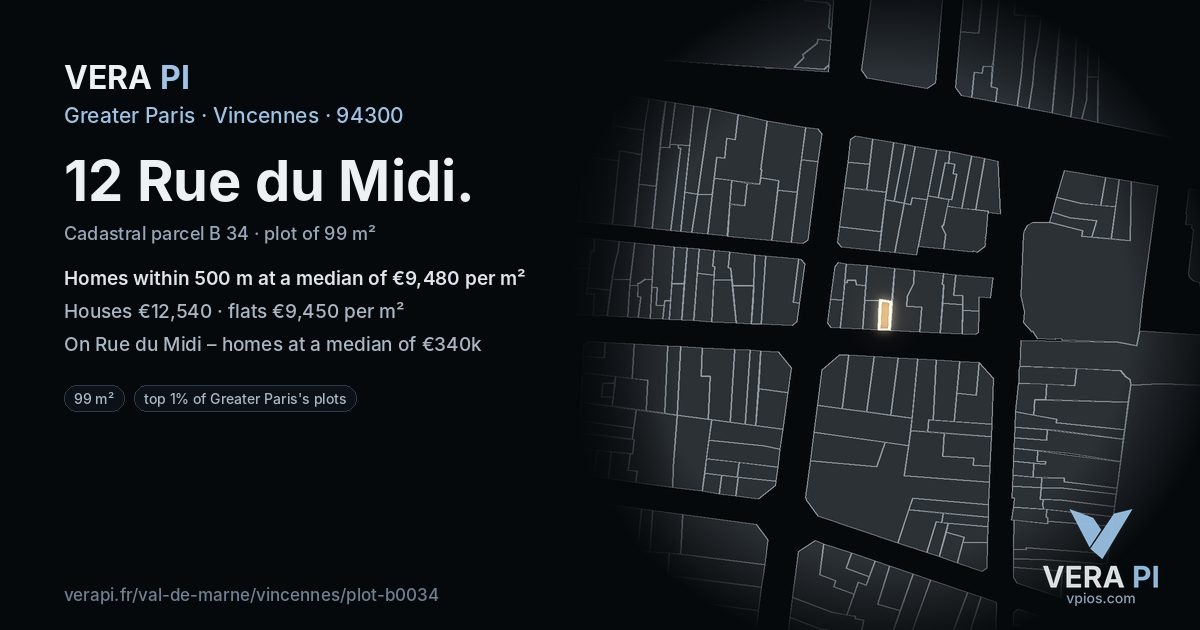 12 Rue du Midi, Vincennes at night – the plot lit, the parcels around coloured by the prices near them