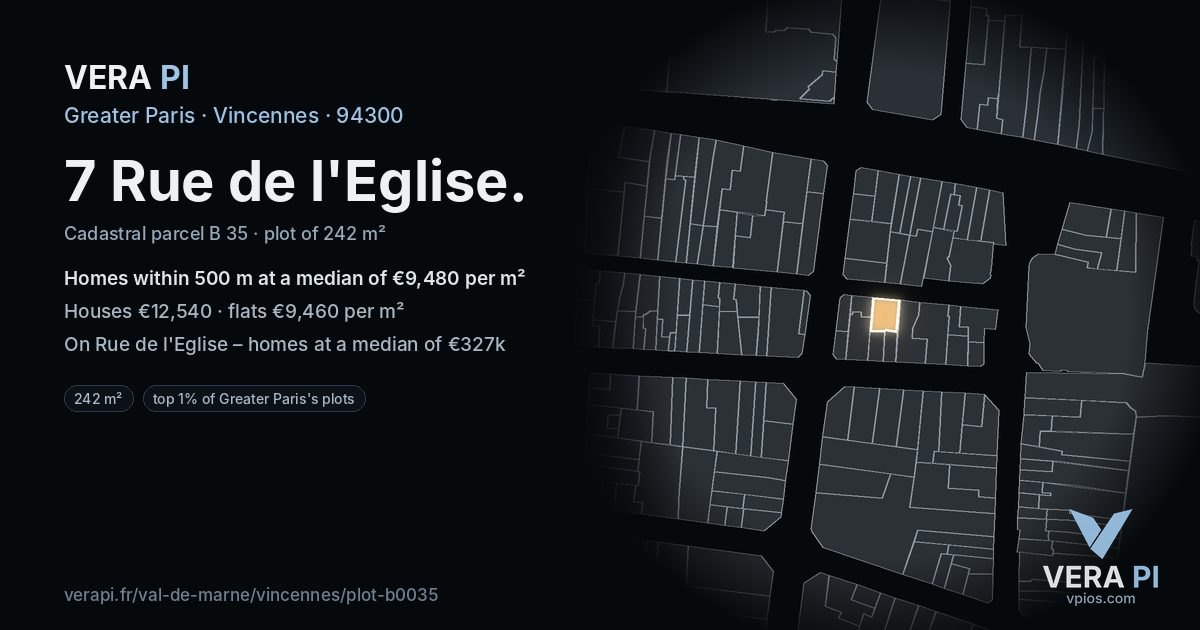 7 Rue de l'Eglise, Vincennes at night – the plot lit, the parcels around coloured by the prices near them