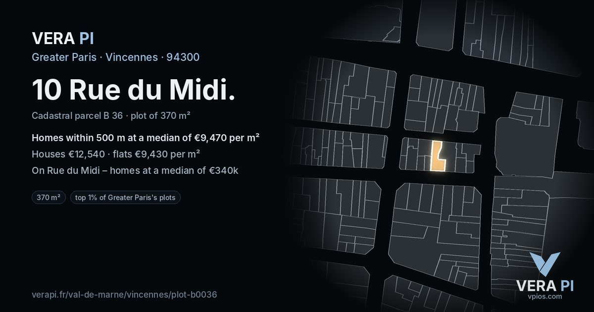 10 Rue du Midi, Vincennes at night – the plot lit, the parcels around coloured by the prices near them