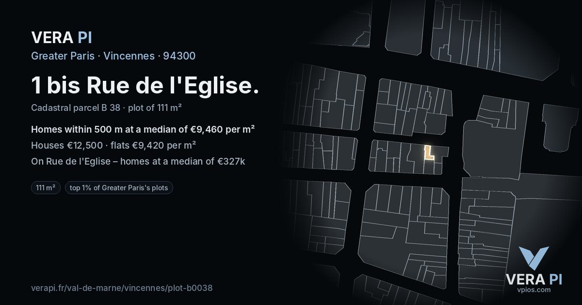 1 bis Rue de l'Eglise, Vincennes at night – the plot lit, the parcels around coloured by the prices near them