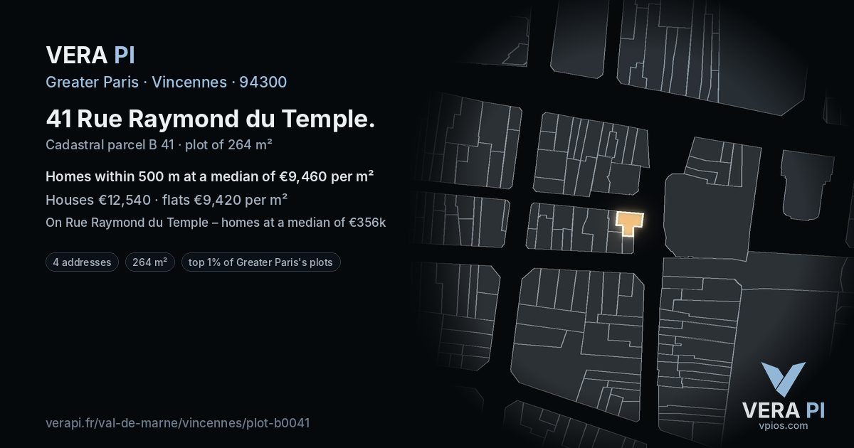 41 Rue Raymond du Temple, Vincennes at night – the plot lit, the parcels around coloured by the prices near them