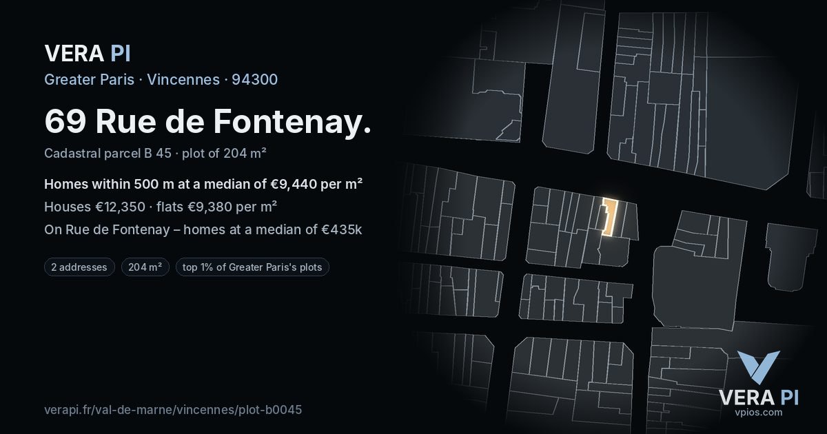 69 Rue de Fontenay, Vincennes at night – the plot lit, the parcels around coloured by the prices near them