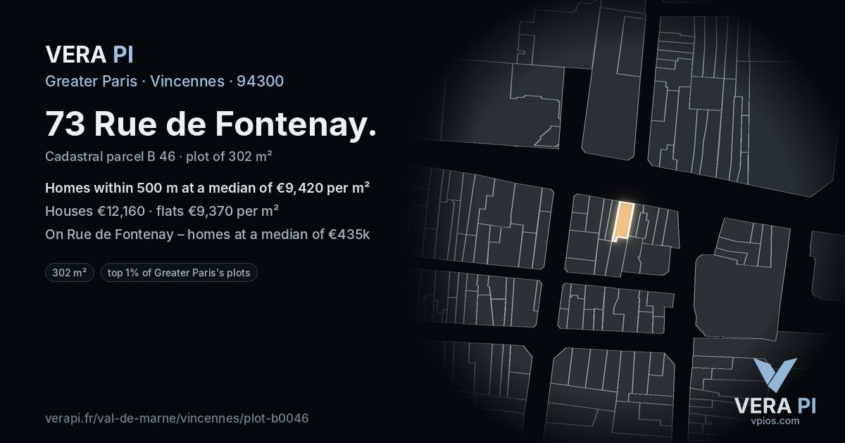 73 Rue de Fontenay, Vincennes at night – the plot lit, the parcels around coloured by the prices near them