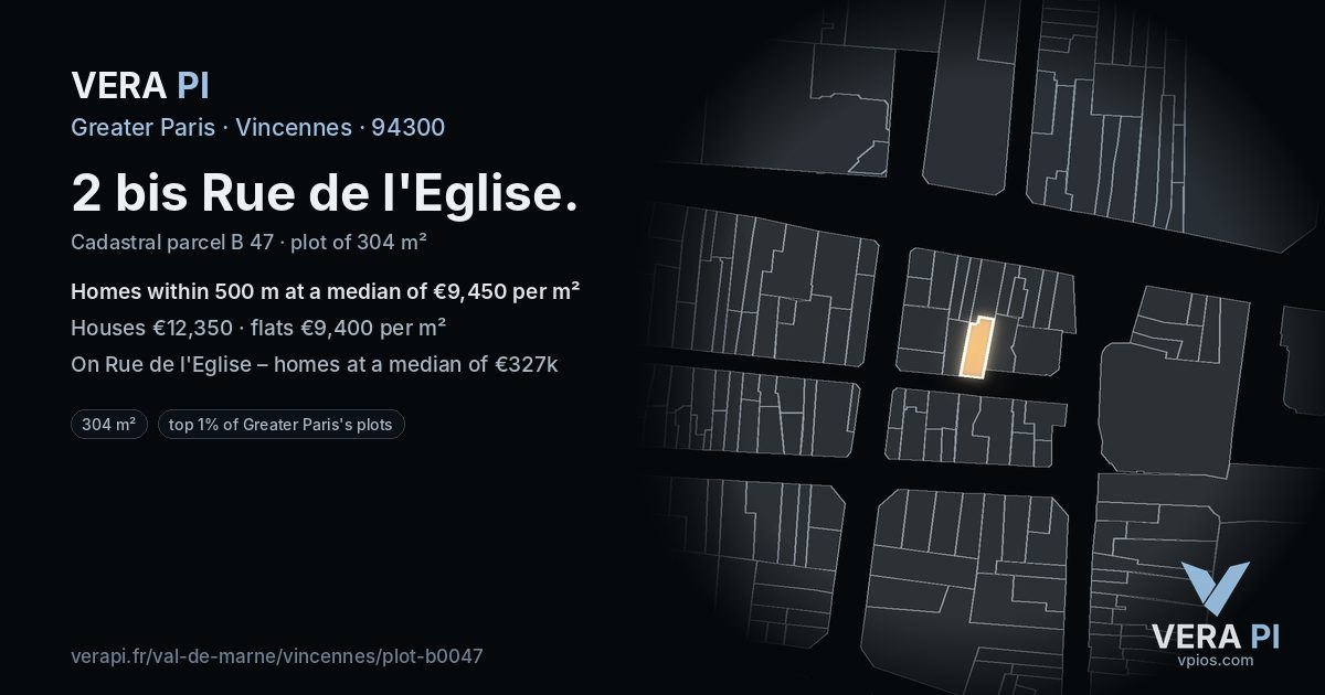 2 bis Rue de l'Eglise, Vincennes at night – the plot lit, the parcels around coloured by the prices near them