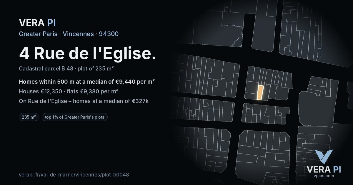 4 Rue de l'Eglise, Vincennes at night – the plot lit, the parcels around coloured by the prices near them