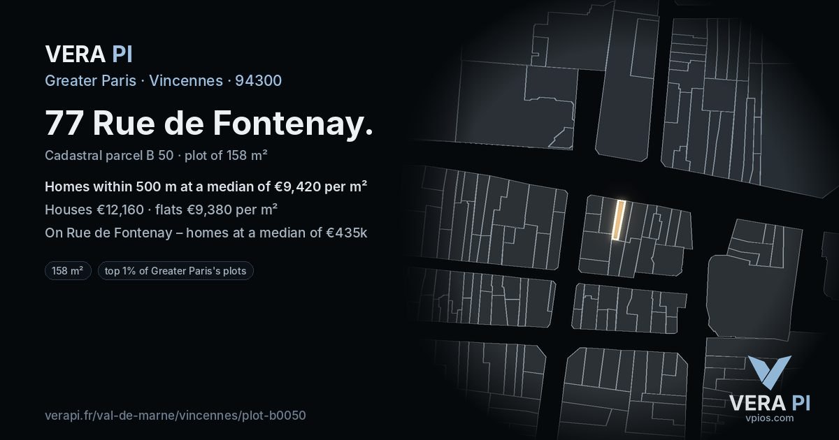 77 Rue de Fontenay, Vincennes at night – the plot lit, the parcels around coloured by the prices near them