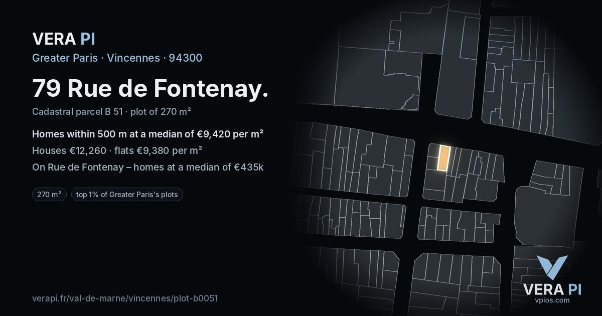 79 Rue de Fontenay, Vincennes at night – the plot lit, the parcels around coloured by the prices near them