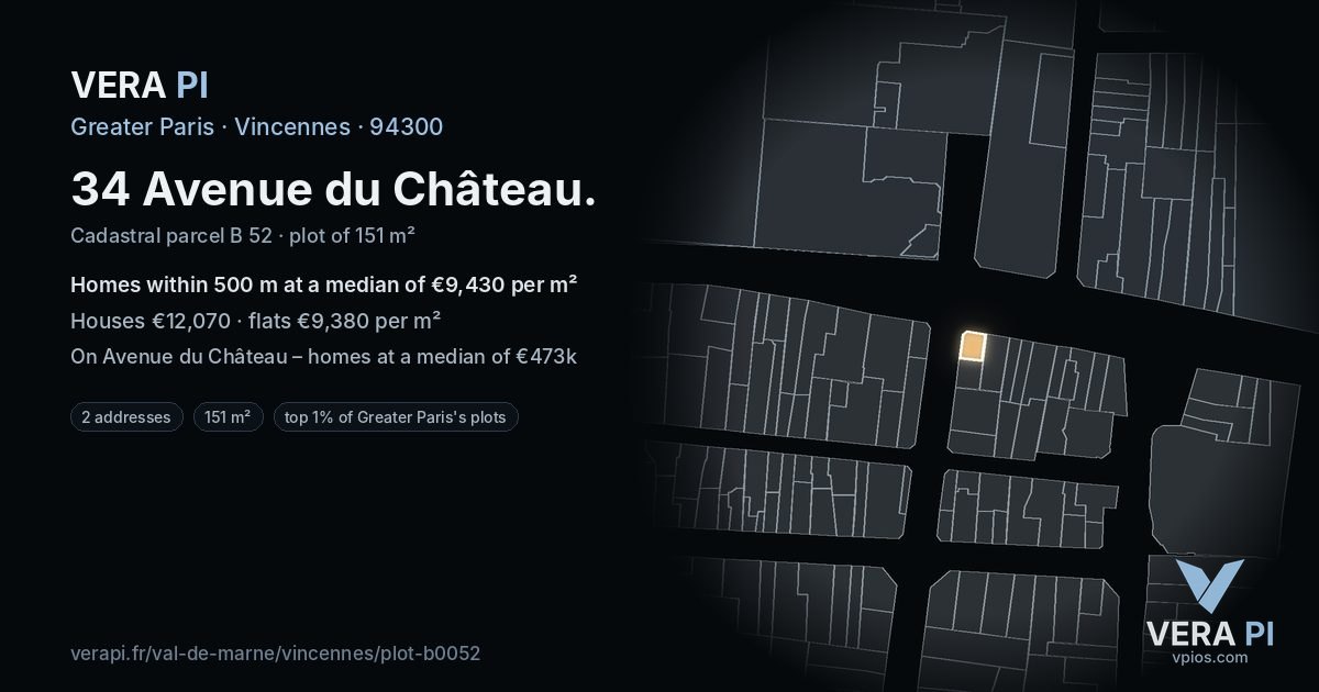 34 Avenue du Château, Vincennes at night – the plot lit, the parcels around coloured by the prices near them