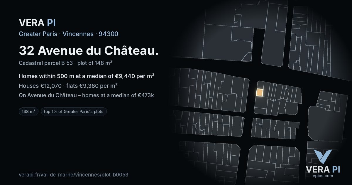 32 Avenue du Château, Vincennes at night – the plot lit, the parcels around coloured by the prices near them