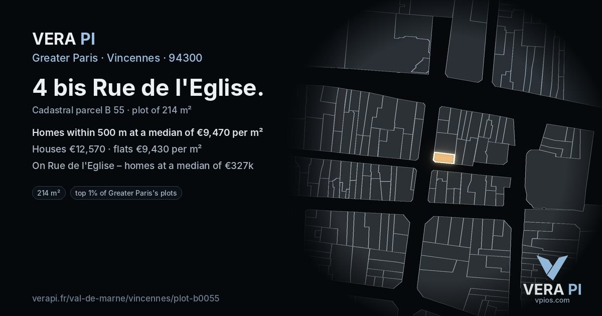 4 bis Rue de l'Eglise, Vincennes at night – the plot lit, the parcels around coloured by the prices near them