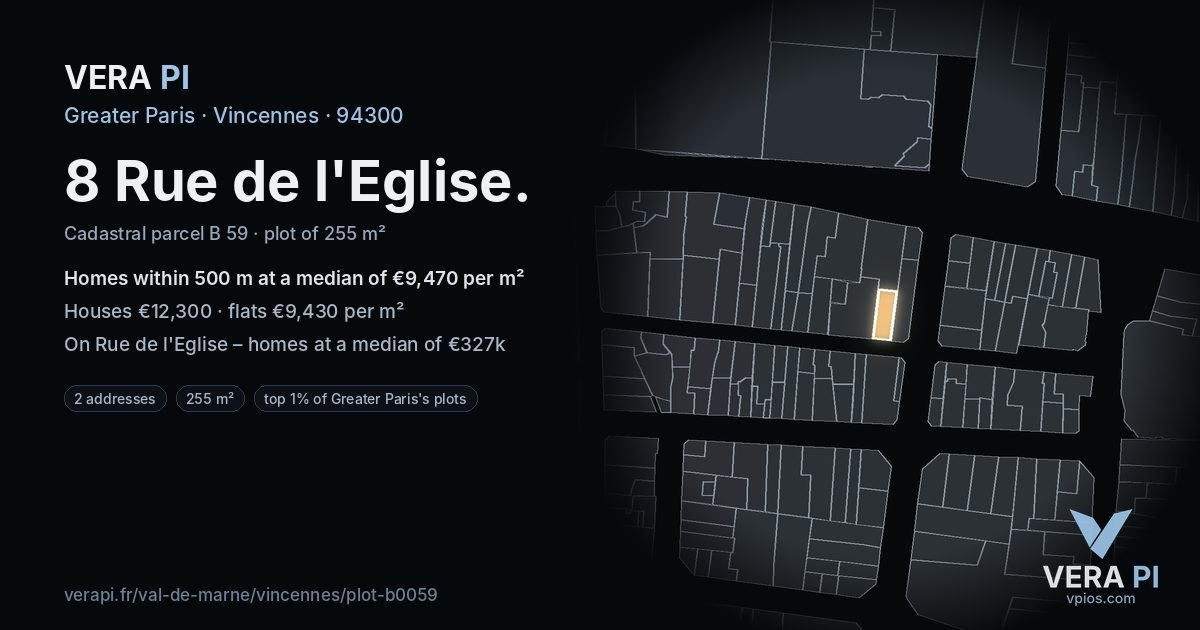 8 Rue de l'Eglise, Vincennes at night – the plot lit, the parcels around coloured by the prices near them
