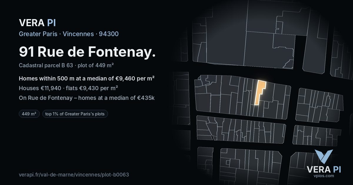 91 Rue de Fontenay, Vincennes at night – the plot lit, the parcels around coloured by the prices near them