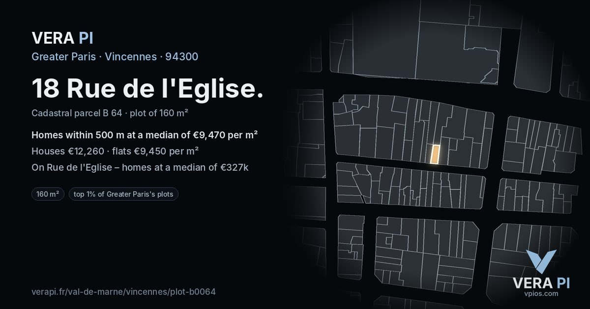 18 Rue de l'Eglise, Vincennes at night – the plot lit, the parcels around coloured by the prices near them
