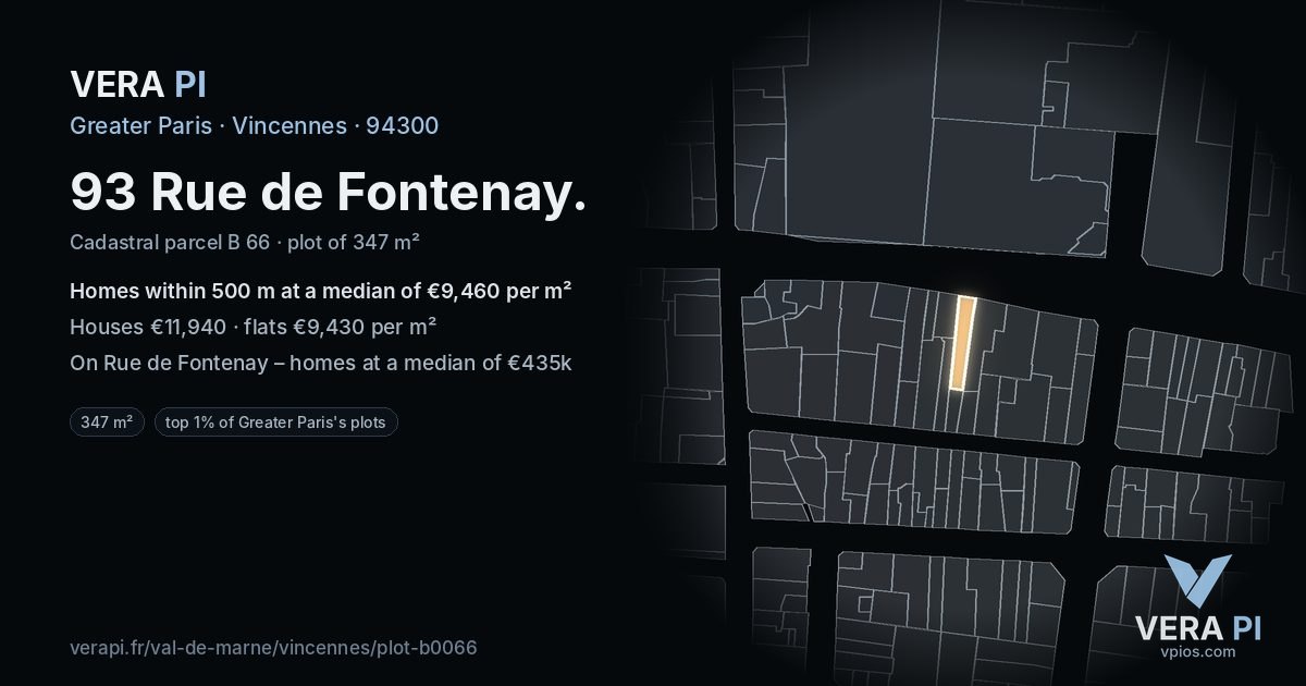 93 Rue de Fontenay, Vincennes at night – the plot lit, the parcels around coloured by the prices near them