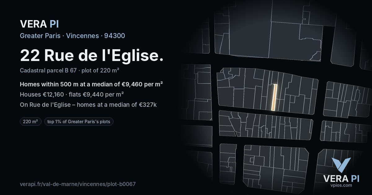 22 Rue de l'Eglise, Vincennes at night – the plot lit, the parcels around coloured by the prices near them