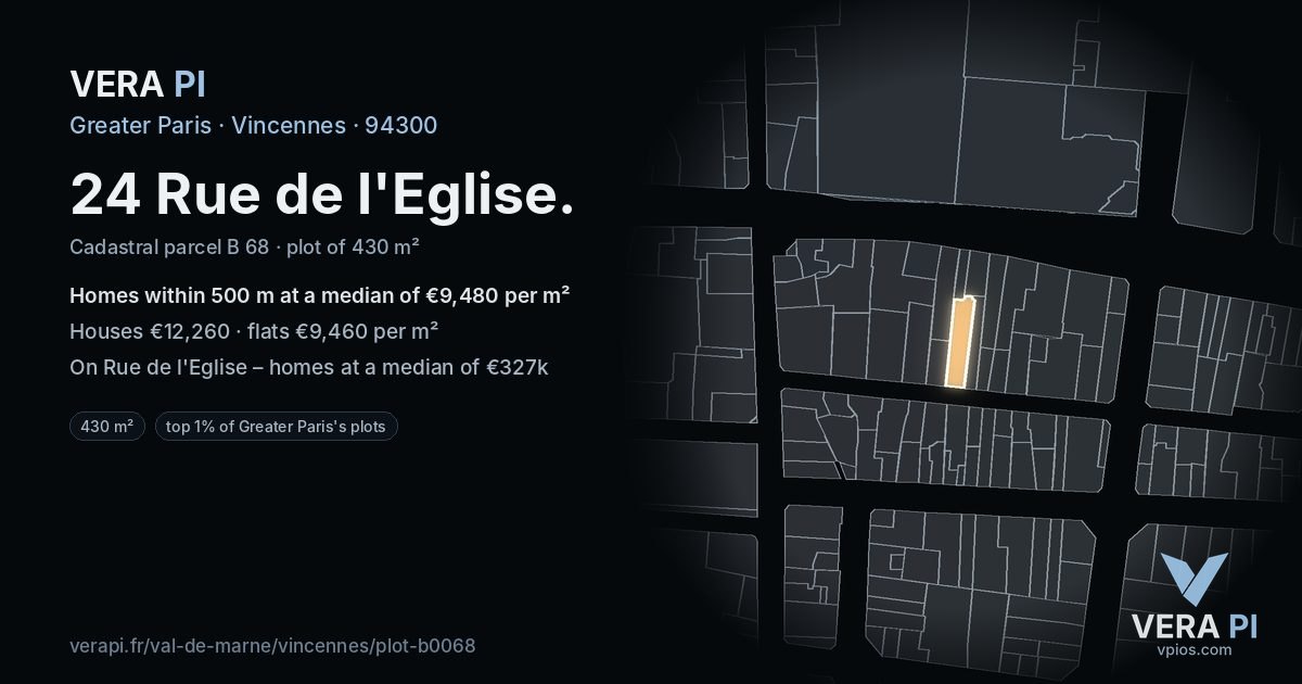 24 Rue de l'Eglise, Vincennes at night – the plot lit, the parcels around coloured by the prices near them