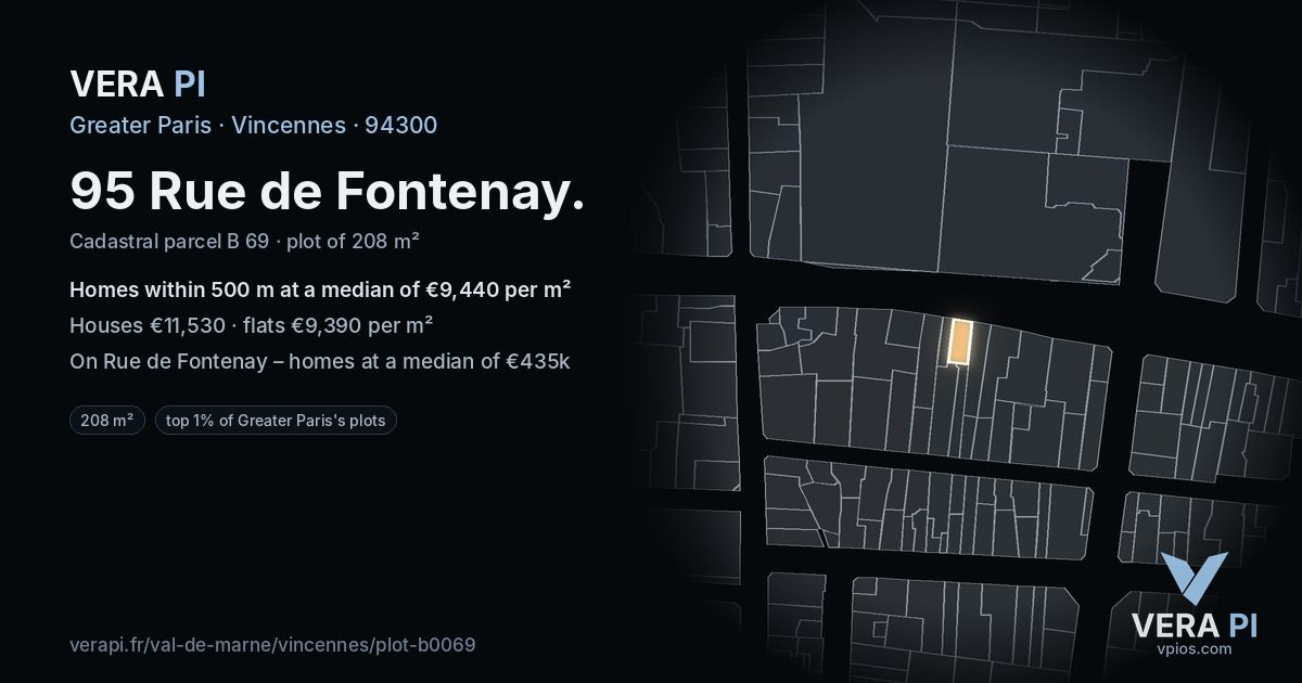 95 Rue de Fontenay, Vincennes at night – the plot lit, the parcels around coloured by the prices near them