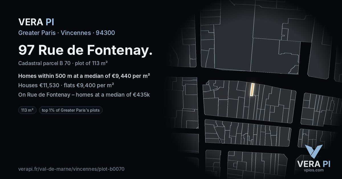 97 Rue de Fontenay, Vincennes at night – the plot lit, the parcels around coloured by the prices near them