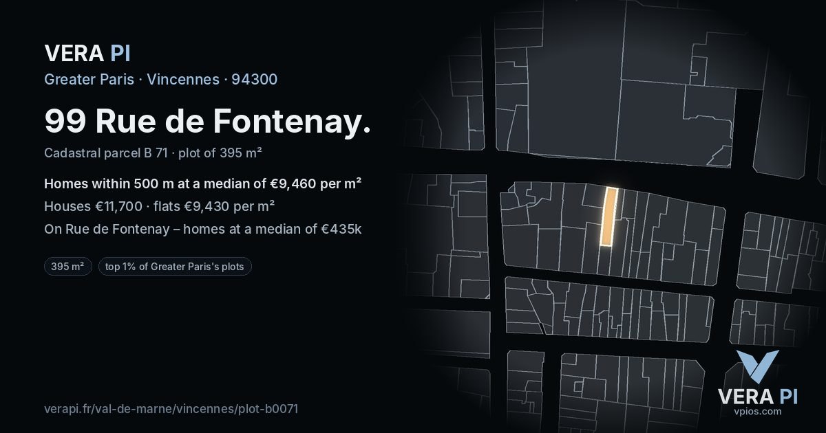 99 Rue de Fontenay, Vincennes at night – the plot lit, the parcels around coloured by the prices near them