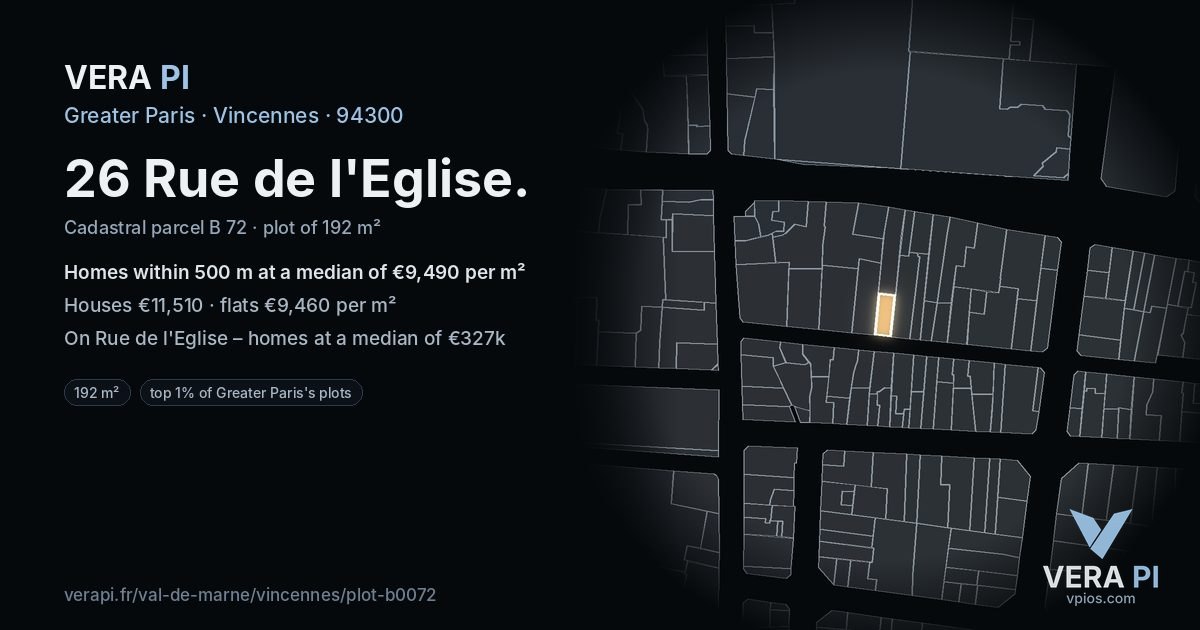 26 Rue de l'Eglise, Vincennes at night – the plot lit, the parcels around coloured by the prices near them