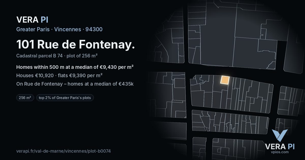 101 Rue de Fontenay, Vincennes at night – the plot lit, the parcels around coloured by the prices near them