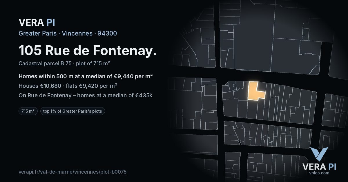 105 Rue de Fontenay, Vincennes at night – the plot lit, the parcels around coloured by the prices near them
