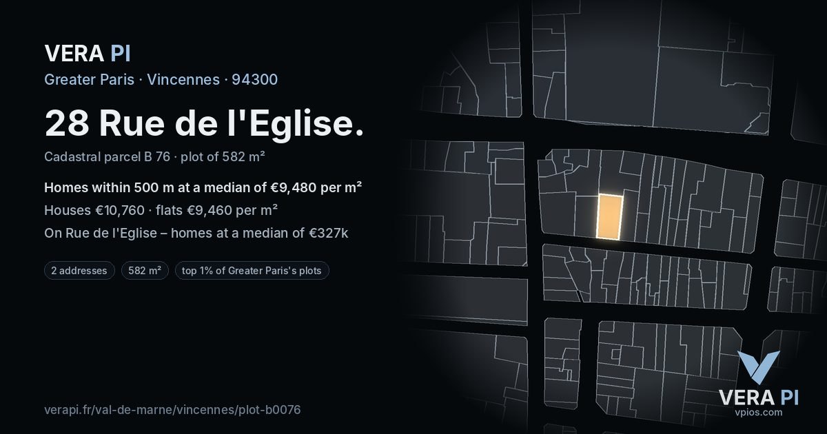 28 Rue de l'Eglise, Vincennes at night – the plot lit, the parcels around coloured by the prices near them